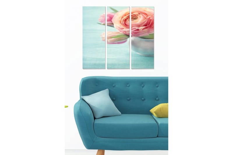 Puinen canvas-taulu, 3 osaa, 50x70 cm - Vaaleanpunaisten kukkien kimppu hopeanvärisessä maljakossa, Vaaleanpunainen / Vihreä / Hopea