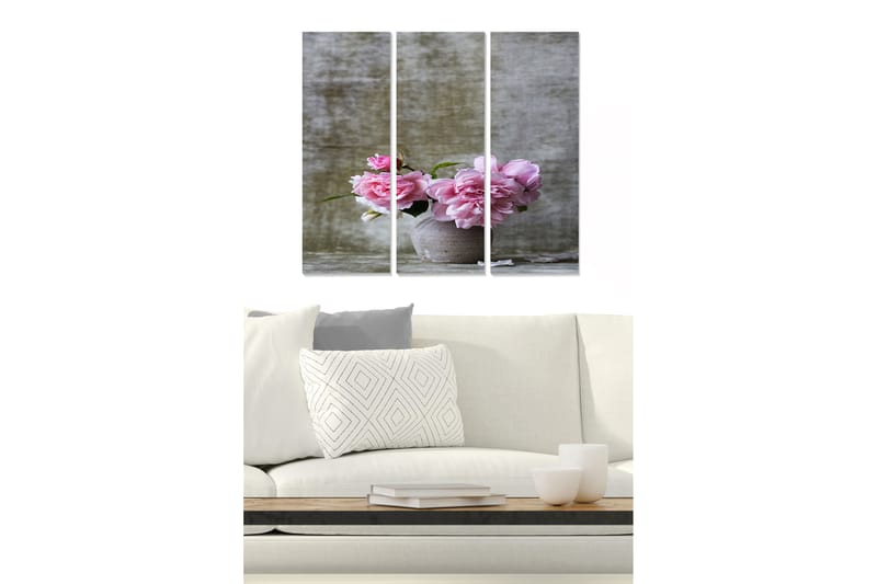 Puinen canvas-taulu, 3 osaa, 50x70 cm - Vaaleanpunaisten kukkien kimppu keraamisessa ruukussa, Vaaleanpunainen / Harmaa / Vihreä