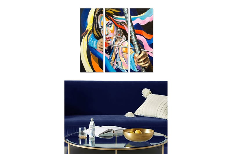 Puinen canvas-taulu, 3 osaa, 50x70 cm - Vahva muotokuva miekalla ja värikkäillä viivoilla varustetusta naisesta, Sininen / Oranssi / Vaaleanpunainen