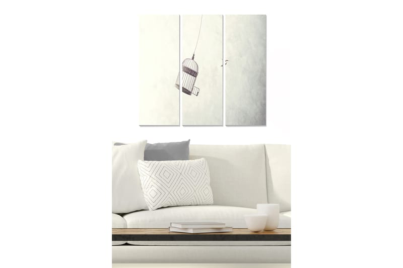 Puinen canvas-taulu, 3 osaa, 50x70 cm - Vangittu lintuhäkki ilmassa - Harmaa / Valkoinen / Musta - Sisustustuotteet - Taulu & taide - Canvas-taulu