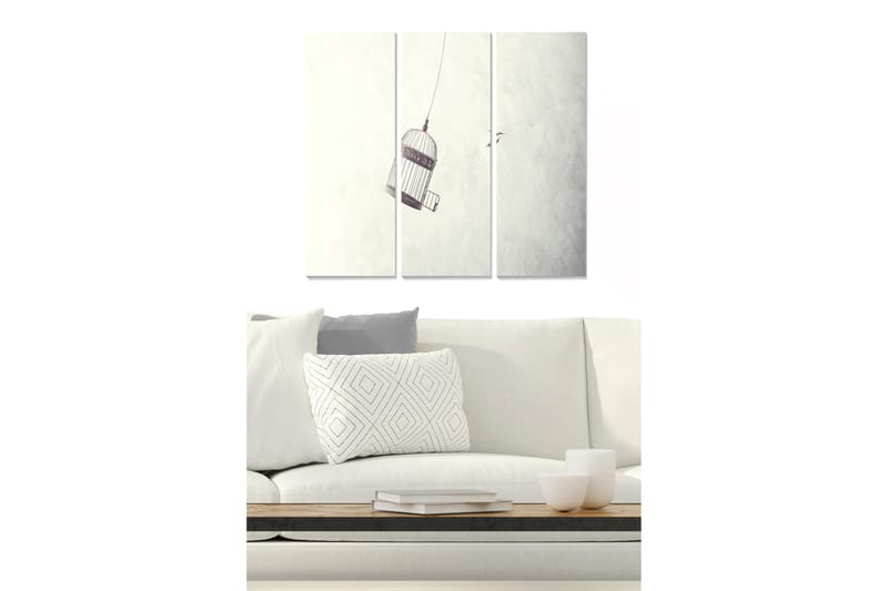 Puinen canvas-taulu, 3 osaa, 50x70 cm - Vangittu lintuhäkki ilmassa, Harmaa / Valkoinen / Musta