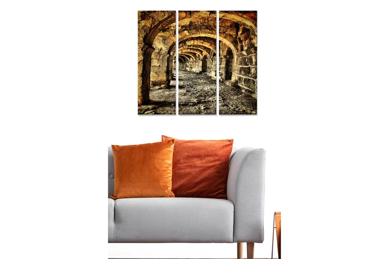 Puinen canvas-taulu, 3 osaa, 50x70 cm - Vanhat kaaret kivisessä käytävässä - Kulta / Harmaa / Ruskea - Sisustustuotteet - Taulu & taide - Canvas-taulu