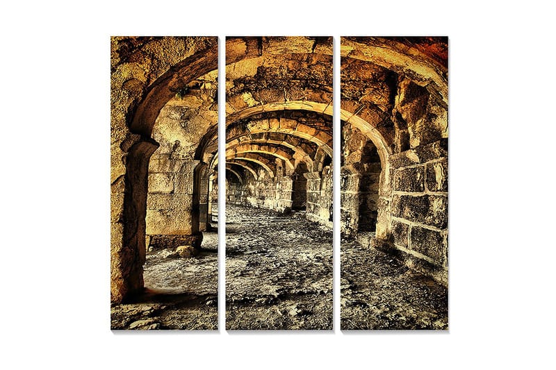 Puinen canvas-taulu, 3 osaa, 50x70 cm - Vanhat kaaret kivisessä käytävässä, Kulta / Harmaa / Ruskea