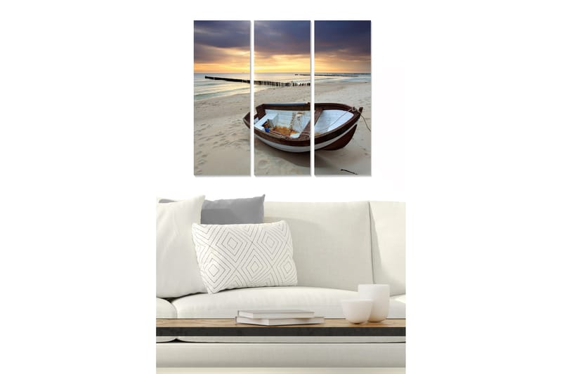 Puinen canvas-taulu, 3 osaa, 50x70 cm - Vene rannalla auringonlaskun aikaan, Sininen / Oranssi / Ruskea