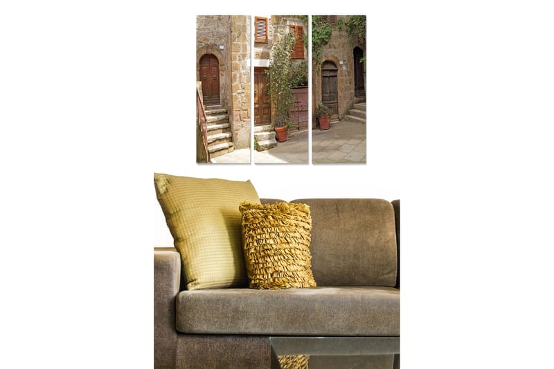 Puinen canvas-taulu, 3 osaa, 50x70 cm - Viehättävä kuja vanhoine ovin ja portain, Beige / Ruskea / Vihreä