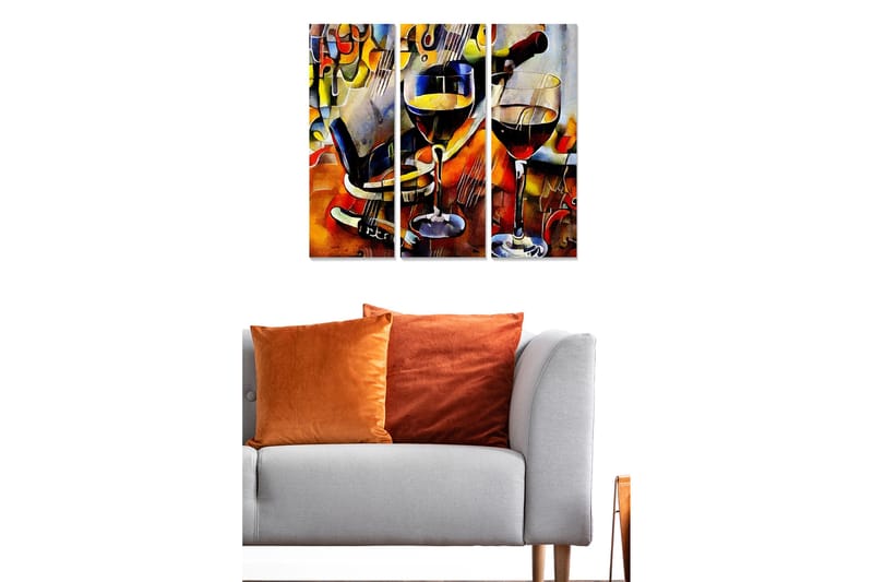 Puinen canvas-taulu, 3 osaa, 50x70 cm - Vinkarehienostunutta tyyneyttä laseilla ja pulloilla, Punainen / Keltainen / Ruskea