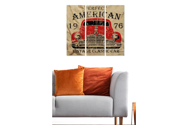 Puinen canvas-taulu, 3 osaa, 50x70 cm - Vintage amerikkalainen auto vuodelta 1976 - Punainen / Beige / Musta - Sisustustuotteet - Taulu & taide - Canvas-taulu