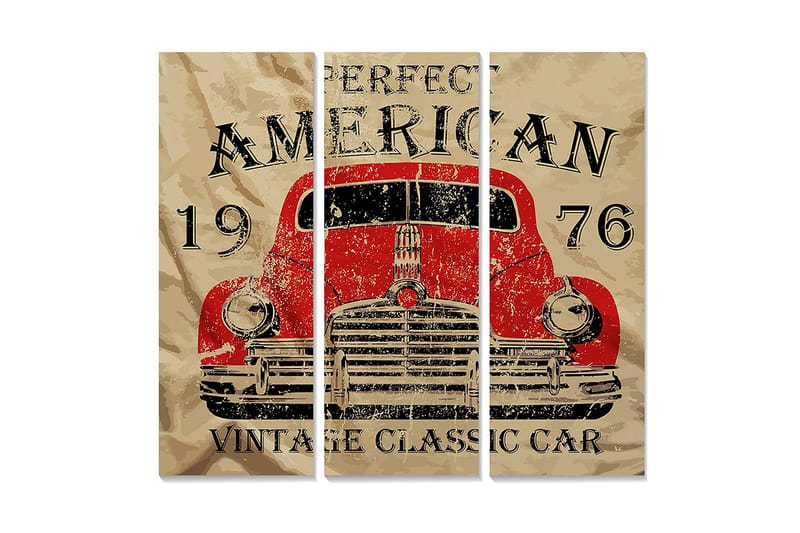 Puinen canvas-taulu, 3 osaa, 50x70 cm - Vintage amerikkalainen auto vuodelta 1976, Punainen / Beige / Musta