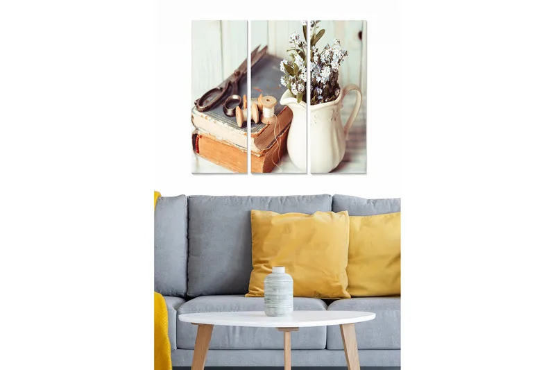 Puinen canvas-taulu, 3 osaa, 50x70 cm - Vintage-asetelma kirjoilla ja kukilla kannusta, Beige / Ruskea / Vihreä