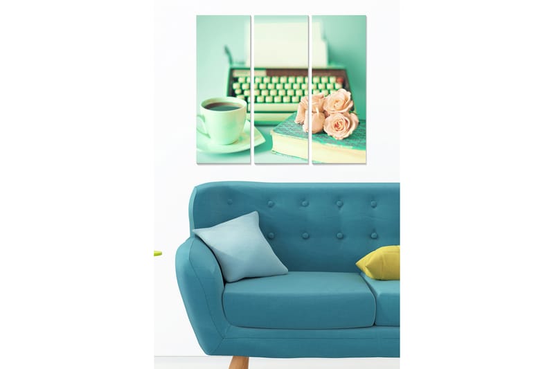 Puinen canvas-taulu, 3 osaa, 50x70 cm - Vintage-kirjoituskone, kahvia ja ruusuja - Mintunvihreä / Vaaleanpunainen / Tummanvihreä - Sisustustuotteet - Taulu & taide - Canvas-taulu