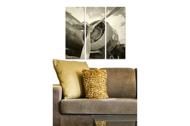 Puinen canvas-taulu, 3 osaa, 50x70 cm - Vintage-lentokonemoottori yksityiskohtaisessa sommitelmassa, Harmaa / Musta / Valkoinen