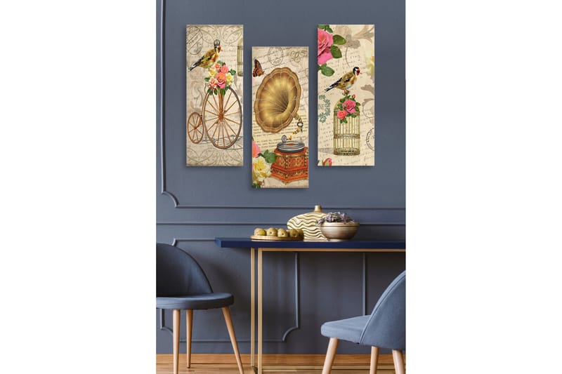 Puinen canvas-taulu, 3 osaa, 50x70 cm - Vintage-sommitelma linnuilla, kukilla ja gramofonilla, Kulta / Vaaleanpunainen / Vihreä