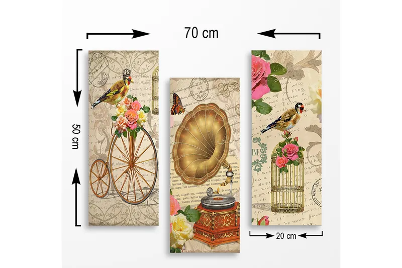 Puinen canvas-taulu, 3 osaa, 50x70 cm - Vintage-sommitelma linnuilla, kukilla ja gramofonilla - Kulta / Vaaleanpunainen / Vihreä - Sisustustuotteet - Taulu & taide - Canvas-taulu