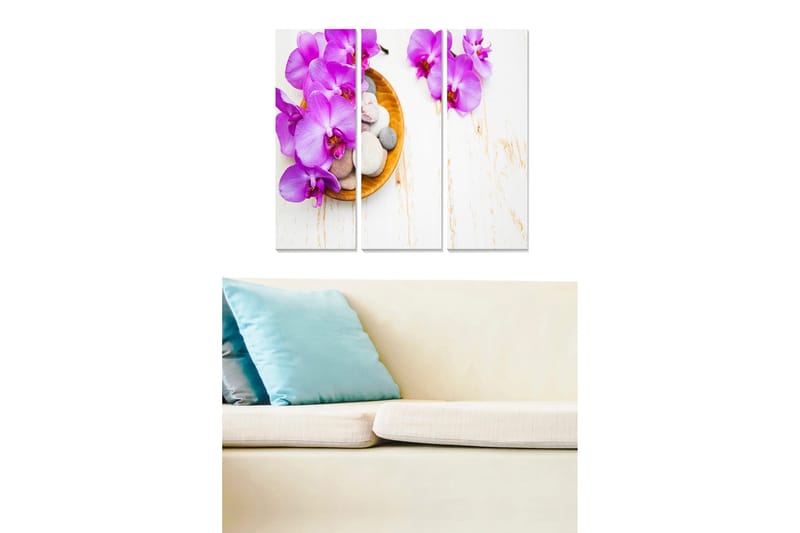 Puinen canvas-taulu, 3 osaa, 50x70 cm - Violetit orkideat kulhossa kivillä, Violetti / Beige / Valkoinen