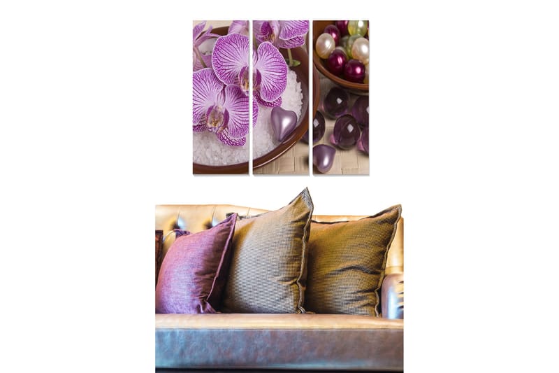 Puinen canvas-taulu, 3 osaa, 50x70 cm - Violetit orkideat kulhossa koristeilla, Violetti / Valkoinen / Vihreä