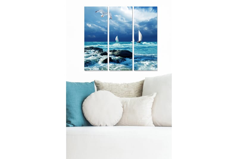 Puinen canvas-taulu, 3 osaa, 50x70 cm - Purjeveneet myrskyisällä merellä, Sininen / Valkoinen / Harmaa