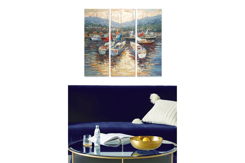 Puinen canvas-taulu, 3 osaa, 50x70 cm - Purjeveneitä satamassa ja heijastuksia vedessä, Sininen / Valkoinen / Punainen
