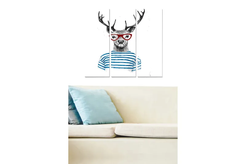 Puinen canvas-taulu, 3 osaa, 50x70 cm - Peura silmälaseilla ja raidallinen neulepusero, Musta / Sininen / Punainen