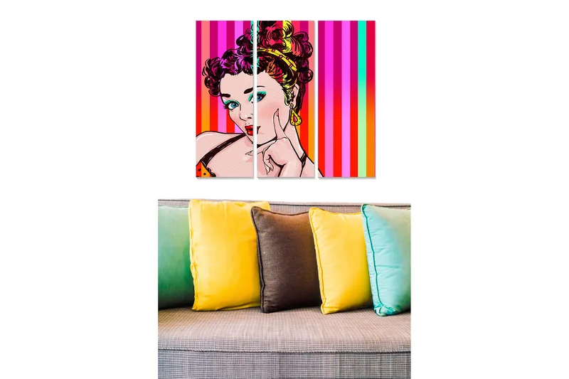 Puinen canvas-taulu, 3 osaa, 50x70 cm - Poptaidemuotokuva naisesta värikkäällä taustalla - Vaaleanpunainen / Oranssi / Turkoosi - Sisustustuotteet - Taulu & taide - Canvas-taulu