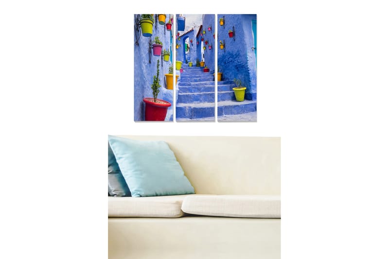 Puinen canvas-taulu, 3 osaa, 50x70 cm - Portaat sinisessä kaupungissa värikkäiden ruukkujen kera, Sininen / Punainen / Vihreä