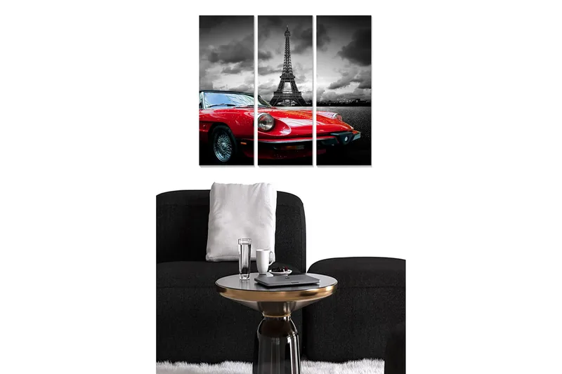 Puinen canvas-taulu, 3 osaa, 50x70 cm - Punainen urheiluauto Eiffel-tornin edessä dramaattisessa mustavalkoisessa ympäristössä, Punainen / Musta / Harmaa