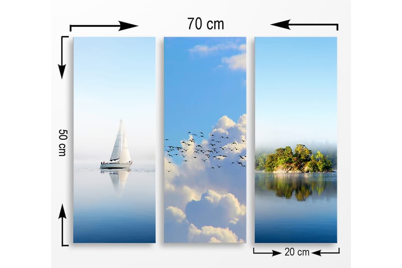 Puinen canvas-taulu, 3 osaa, 50x70 cm - Purjevene peilimäisillä vesipinnoilla - Sininen / Valkoinen / Vihreä - Sisustustuotteet - Taulu & taide - Canvas-taulu