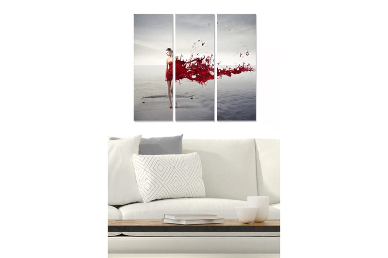 Puinen canvas-taulu, 3 osaa, 50x70 cm - Punamekkoinen nainen seisoo veden äärellä punaisen nesteen väriräjähdyksen keskellä, Punainen / Harmaa / Beige