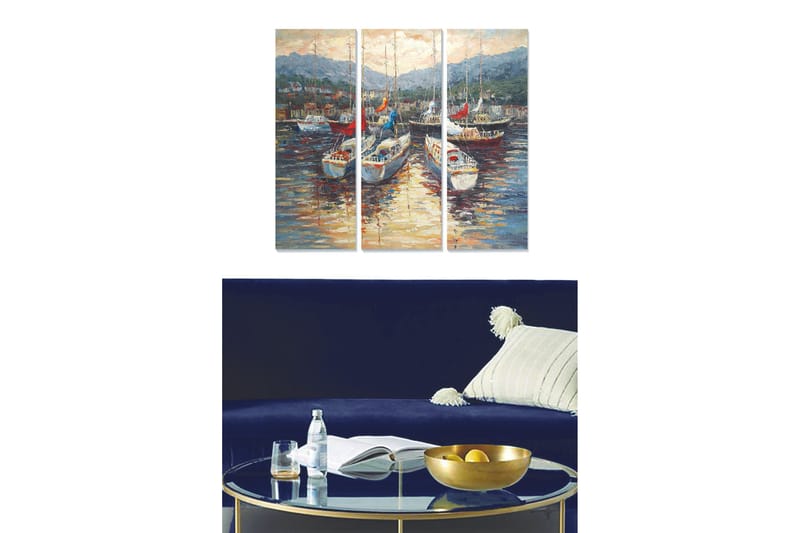Puinen canvas-taulu, 3 osaa, 50x70 cm - Purjeveneitä satamassa ja heijastuksia vedessä, Sininen / Valkoinen / Punainen