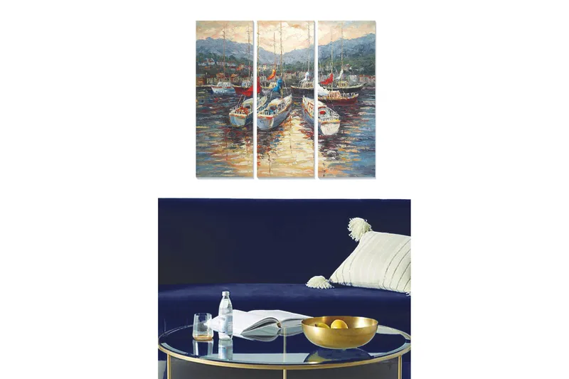 Puinen canvas-taulu, 3 osaa, 50x70 cm - Purjeveneitä satamassa ja heijastuksia vedessä, Sininen / Valkoinen / Punainen