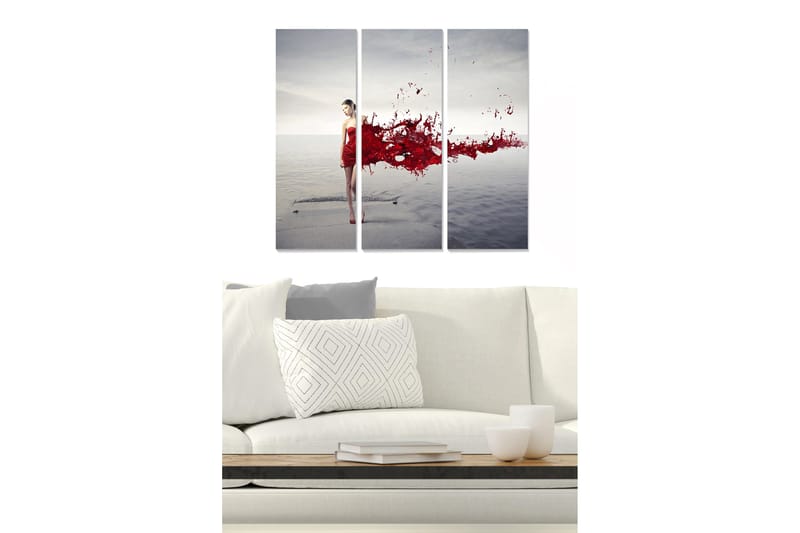 Puinen canvas-taulu, 3 osaa, 50x70 cm - Punamekkoinen nainen seisoo veden äärellä punaisen nesteen väriräjähdyksen keskellä, Punainen / Harmaa / Beige