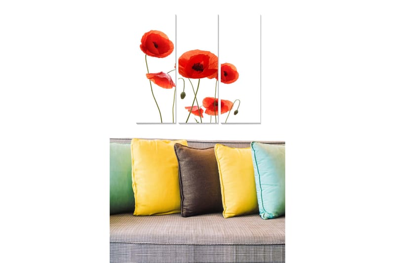 Puinen canvas-taulu, 3 osaa, 50x70 cm - Punainen unikko tyylikkäässä sommitelmassa, Punainen / Vihreä