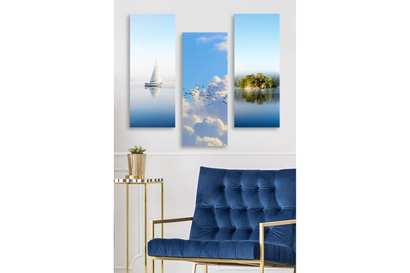 Puinen canvas-taulu, 3 osaa, 50x70 cm - Purjevene peilimäisillä vesipinnoilla, Sininen / Valkoinen / Vihreä