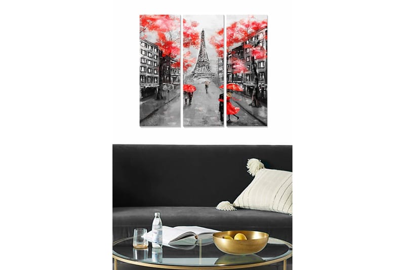 Puinen canvas-taulu, 3 osaa, 50x70 cm - Pariisilainen katukuva Eiffel-tornin ja sateenvarjojen kanssa sateessa, Punainen / Musta / Harmaa