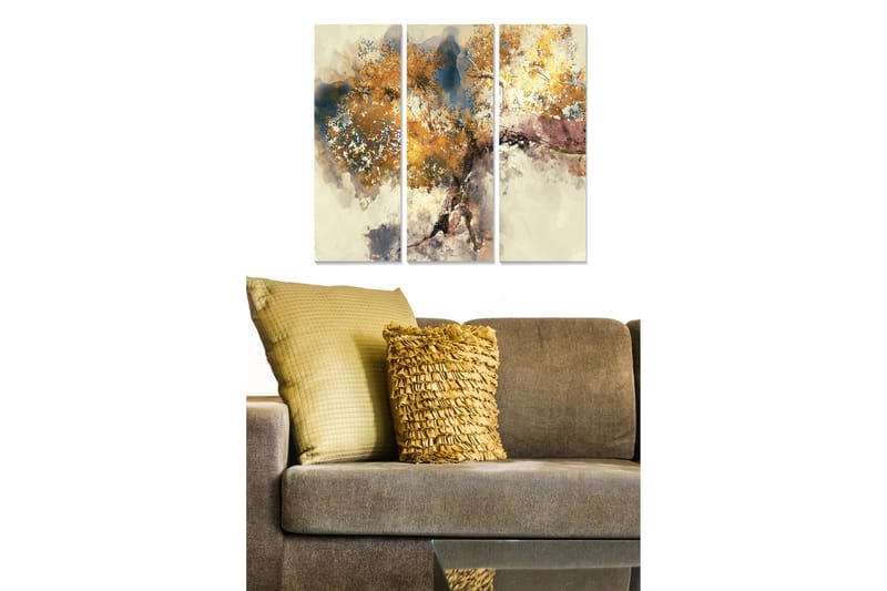 Puinen canvastaulu, 3 osaa, 50x70 cm - Abstrakti maisema kultaisilla puiden latvoilla, Kulta / Sininen / Beige