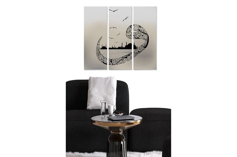 Puinen canvastaulu, 3 osaa, 50x70 cm - Abstrakti maisema tyylitellyillä linnuilla ja rakennusten silueteilla, Musta / Harmaa
