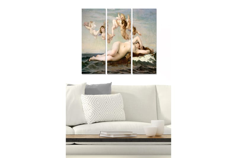 Puinen canvastaulu, 3 osaa, 50x70 cm - Alaston nainen makaa simpukkakivellä enkelien ympäröimänä, Ihonväri / Merensininen / Kermanvalkoinen