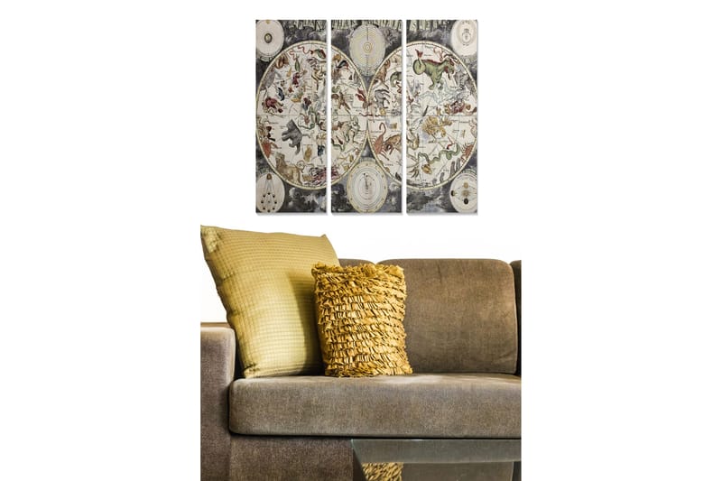 Puinen canvastaulu, 3 osaa, 50x70 cm - Astrologinen kartta eläimillä ja horoskooppimerkeillä, Harmaa / Beige / Vihreä