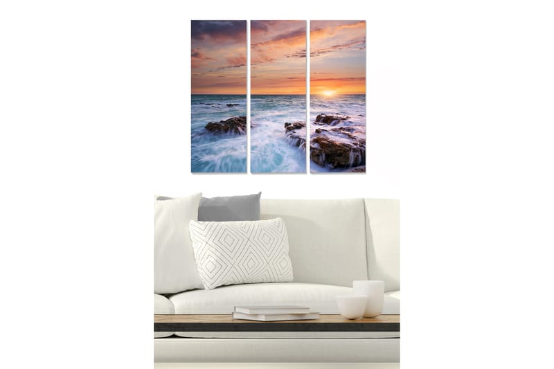 Puinen canvastaulu, 3 osaa, 50x70 cm - Auringonlasku meren yllä kallioiden etualalla, Sininen / Oranssi / Violetti