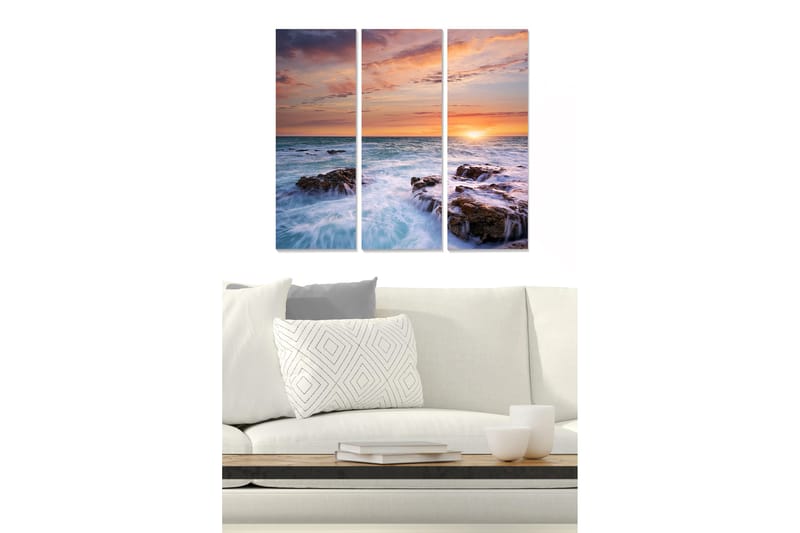 Puinen canvastaulu, 3 osaa, 50x70 cm - Auringonlasku meren yllä kallioiden etualalla, Sininen / Oranssi / Violetti