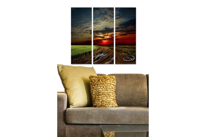 Puinen canvastaulu, 3 osaa, 50x70 cm - Auringonlasku pellolla ja soratiellä, Tummanpunainen / Vihreä / Sininen