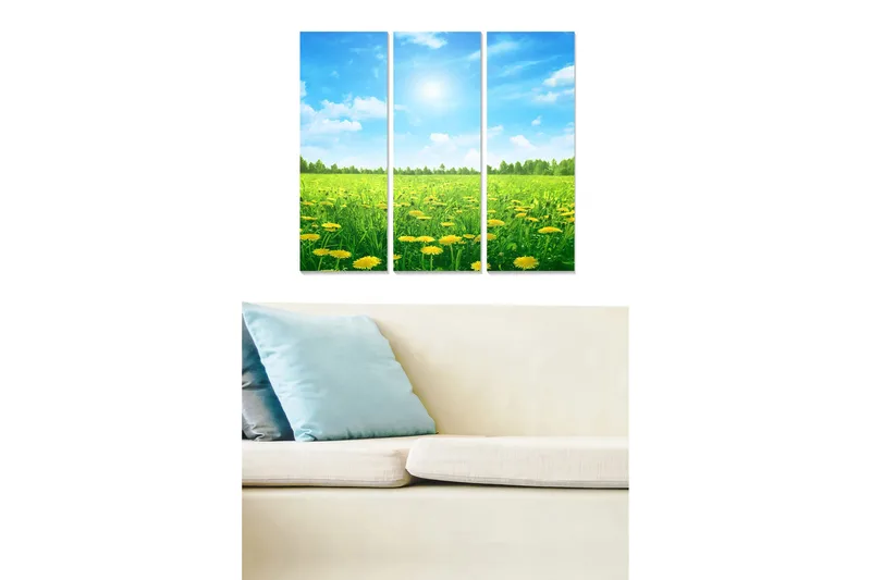 Puinen canvastaulu, 3 osaa, 50x70 cm - Aurinkoinen niitty voikukkien ja sinisen taivaan kera, Vihreä / Keltainen / Sininen