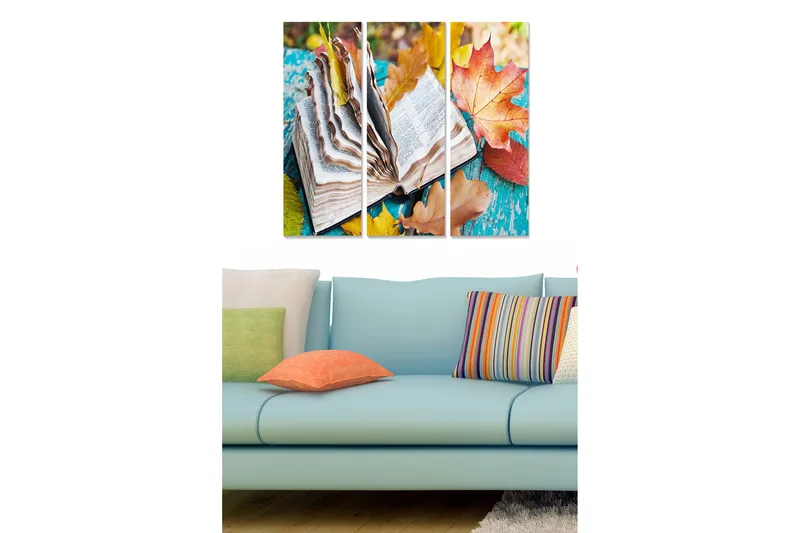 Puinen canvastaulu, 3 osaa, 50x70 cm - Avoin kirja syksynlehtien ympäröimänä värikkäällä taustalla, Oranssi / Vihreä / Sininen