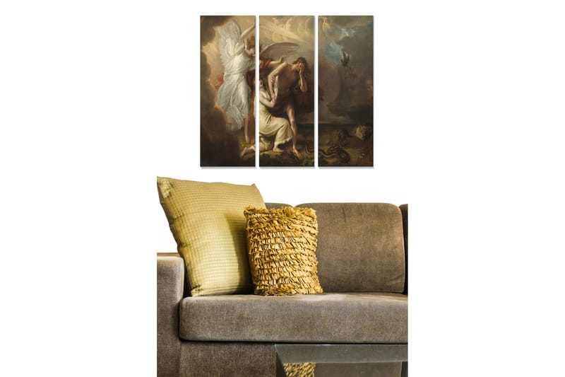 Puinen canvastaulu, 3 osaa, 50x70 cm - Dramaattinen maisema, jossa enkeli suojelee naista ja miestä konfliktissa, Tummanruskea / Valkoinen / Punainen