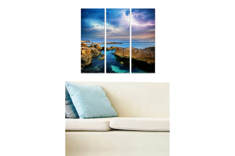 Puinen canvastaulu, 3 osaa, 50x70 cm - Dramaattinen rannikkomaisema kallioilla ja merellä, Sininen / Vihreä / Ruskea