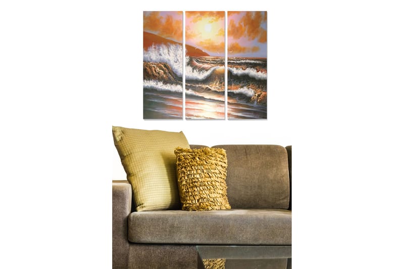 Puinen canvastaulu, 3 osaa, 50x70 cm - Dramaattiset meren aallot auringonlaskun aikaan - Oranssi / Sininen / Valkoinen - Sisustustuotteet - Taulu & taide - Canvas-taulu
