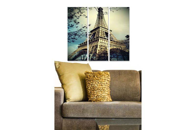 Puinen canvastaulu, 3 osaa, 50x70 cm - Eiffel-torni, puun oksien ympäröimä - Harmaa / Sininen / Beige - Sisustustuotteet - Taulu & taide - Canvas-taulu