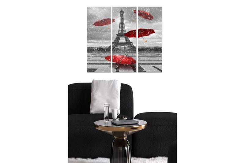 Puinen canvastaulu, 3 osaa, 50x70 cm - Eiffel-torni punaisten sateenvarjojen ympäröimänä harmaasävyisessä ympäristössä, Punainen / Harmaa