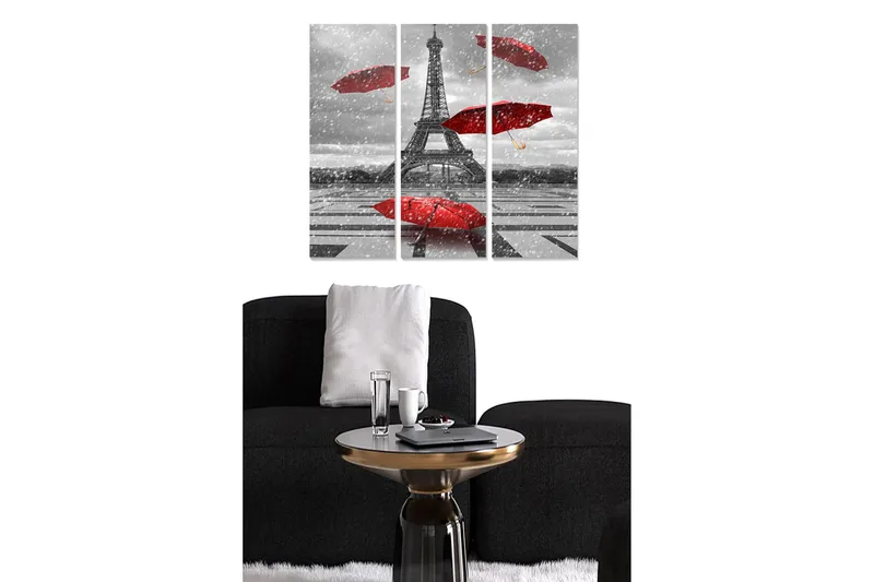 Puinen canvastaulu, 3 osaa, 50x70 cm - Eiffel-torni punaisten sateenvarjojen ympäröimänä harmaasävyisessä ympäristössä, Punainen / Harmaa