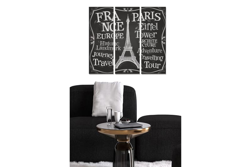 Puinen canvastaulu, 3 osaa, 50x70 cm - Eiffel-tornin siluetti ja teksti Ranskan ja matkan juhlistus, Musta / Valkoinen