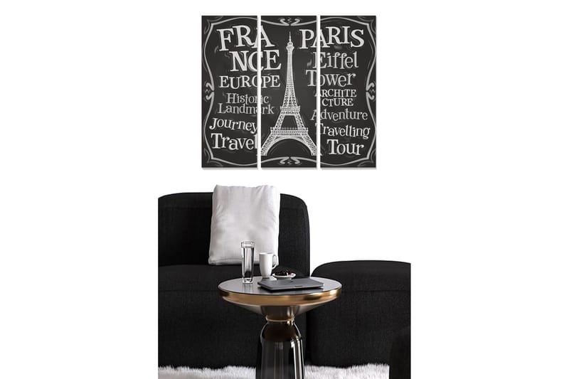 Puinen canvastaulu, 3 osaa, 50x70 cm - Eiffel-tornin siluetti ja teksti Ranskan ja matkan juhlistus, Musta / Valkoinen